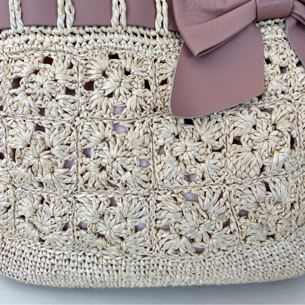 RED VALENTINO Cream Crochet Raffia Pink Mauve Leather Bow Shoulder Bag Tote - Picture 6 of 16